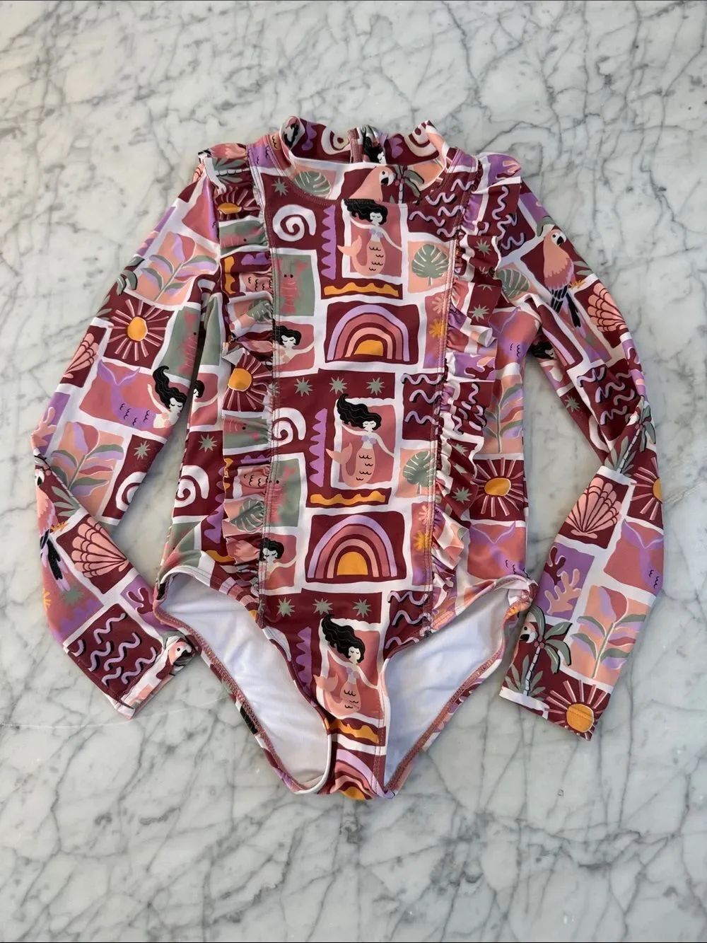 Girls Long Sleeve Swim One-Piece - Pink Multi Sz 7/8